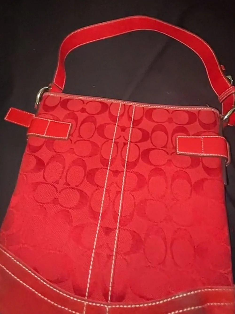 Vintage Coach Red Signature Jacquard Shoulder Bag with Red Leather Trim